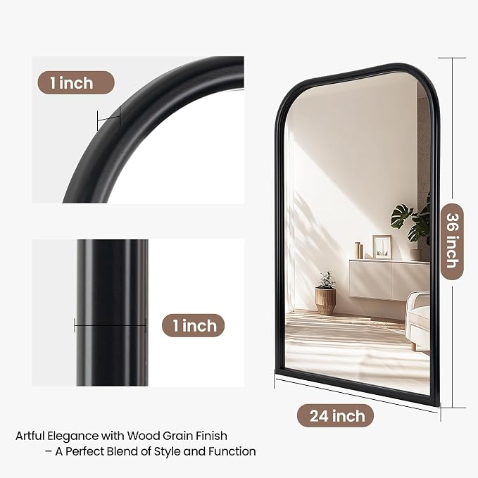 24"x36" Arch Wall Mirror Bathroom Mirror for Wall Mounted, Tempered Glass, Wood Grain Finish Frame Wall Mirror Decorative for Living Room Bedroom Entryway, Black