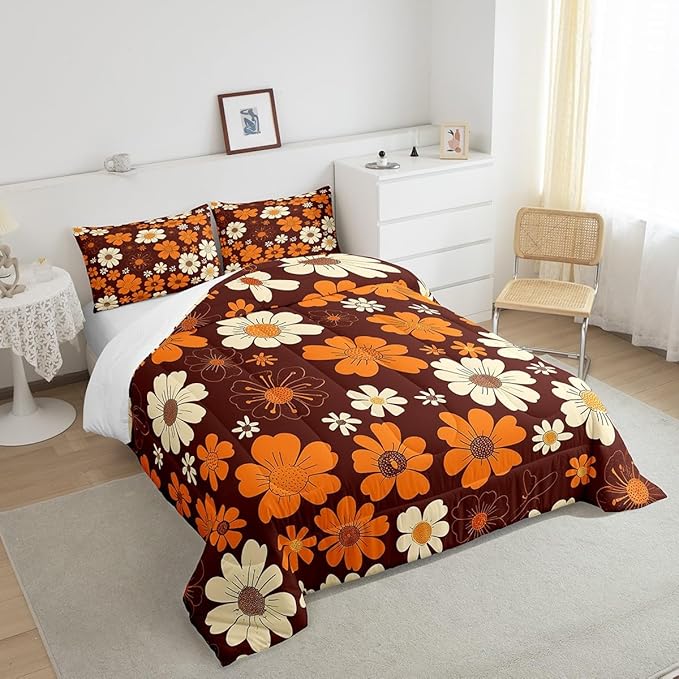 70s Groovy Flowers Bedding Set King Size,Hippie Retro Farmhouse Plant Comforter Set Room Decor for Couple,Brown White Yellow Floral Microfiber Down Comforter,2 Pillowcases