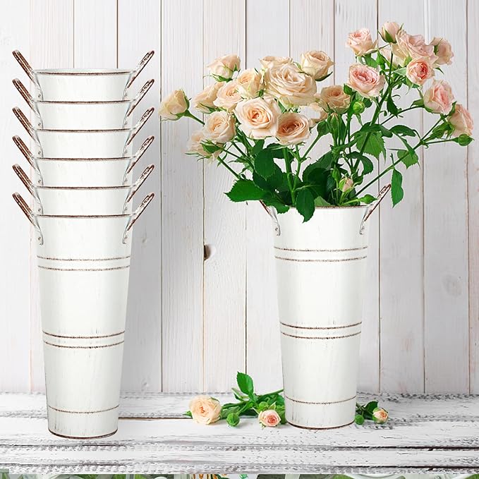 9 Inch High Galvanized French Bucket Vase with Handle 6Pcs White Metal Farmhouse Flower Vases Ideal for Dried Floral Arrangements at Home for Weddings Gift Spa and Aromatherapy Settings O4