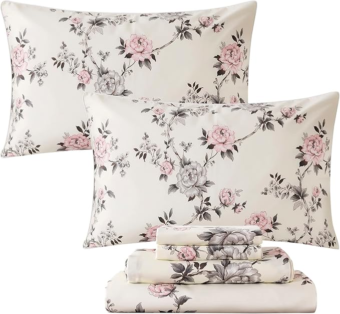 FADFAY Floral Sheets Set Twin Vintage Rose Floral Bedding Shabby Grey and Pink Peony Print Sheets Farmhouse Bedding 800 Thread Count 100% Egyptian Cotton Soft Deep Pocket Fitted Sheet 4Pcs, Twin Size