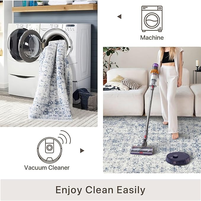 3x5 Rug, Small Area Rug for Living Room, Bedroom, Kitchen, Machine Washable Non-Slip Throw Rug, Vintage Distressed Floral Carpet for Entryway Nursery Dinner Room - Durable (Blue)