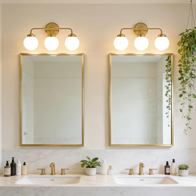 Bathroom Light Fixtures, 18.26'' Gold Vanity Light, Modern Brass 3 Lights Wall Sconce with Milky Glass Globe Shade, Small Bathroom Lighting Fixtures Over Mirror for Bathroom Living Room