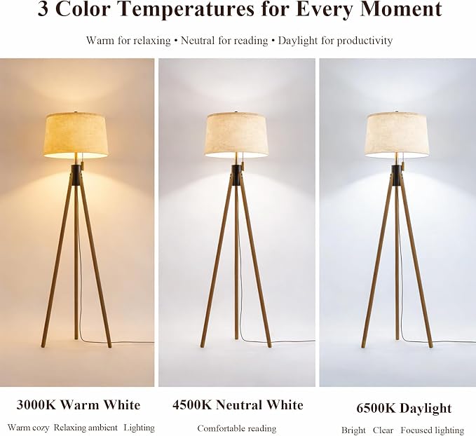 Mid Century Modern Tripod Floor Lamp, Gold Accented Two-Tone Solid Wood Floor Lamp with Black-Finished Solid Wood Center, Linen Shade & Pull Chain, Tall Lamp for Living Room Bedroom Reading Corner