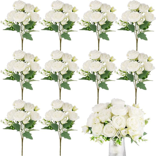 Olgaa 12 Bundles Peonies Artificial Flowers Artificial Peonies Silk Flowers Bulk Fake Peony Bouquet for Bridal Shower Decorations Wedding Table Centerpiece (White)