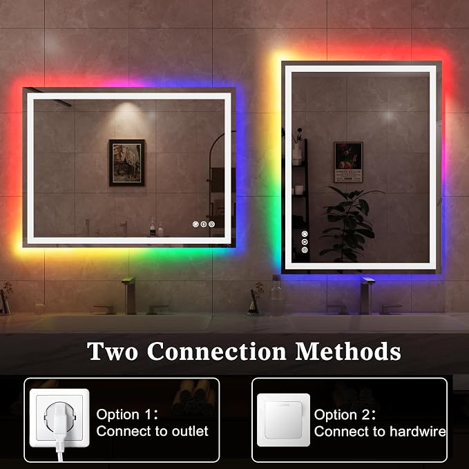 WTTY LED Bathroom Mirror 48"x32" with RGB Backlit and Front Light,Stepless Dimmable LED Mirror for Bathroom,Colored Lighted Bathroom Vanity Mirror,Anti-Fog,Memory Function,Shatter-Proof