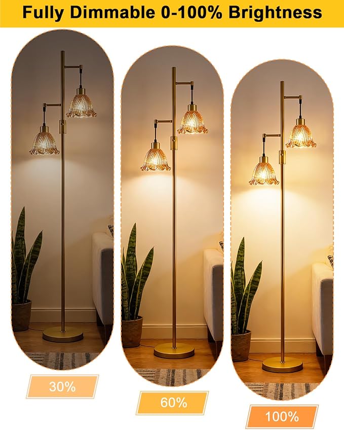 Lightdot 2- Light Gold Flower Floor Lamp for Living Room, 65IN Dimmable Floor Lamps with Amber Glass Shade& Warm White Bulbs, Modern Standing Tall Lamp with 5Lbs Heavy Base for Bedroom Home Office