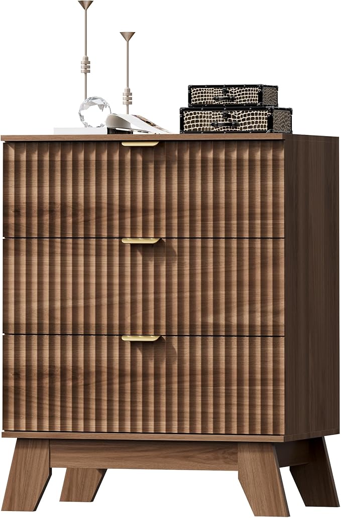 Fluted 3 Drawer Dresser for Bedroom, Mid Century Modern Beside Table with Metal Handle, Wooden Nightstand with 3 Drawers End Table for Living Room, Closet, Entryway, Walnut