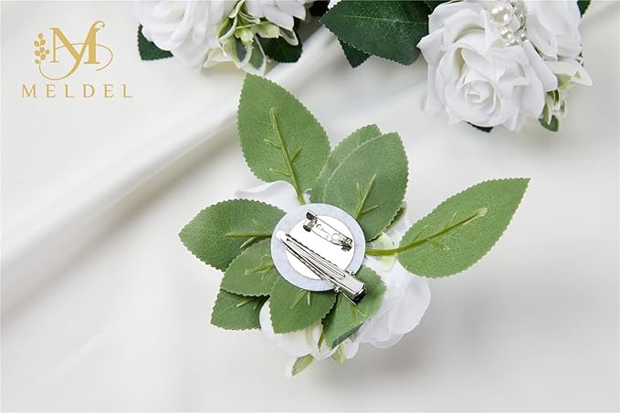 Meldel White Ivory Rose Floral Shoulder Corsages & Boutonniere for Men Wedding, Set of 6, Bride Bridal Bridesmaid Groom Groomsmen Boutineers for Ceremony Anniversary Party Prom Boutonniere