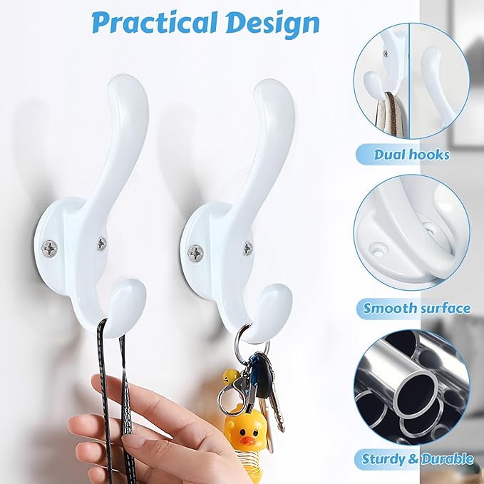 6 Pack Coat Hooks Wall Mount Heavy Duty Utility Retro Double Hooks for Hanging Coats,Hat, Towel, Key, Robe, Scarf, Bag, Cap (White)