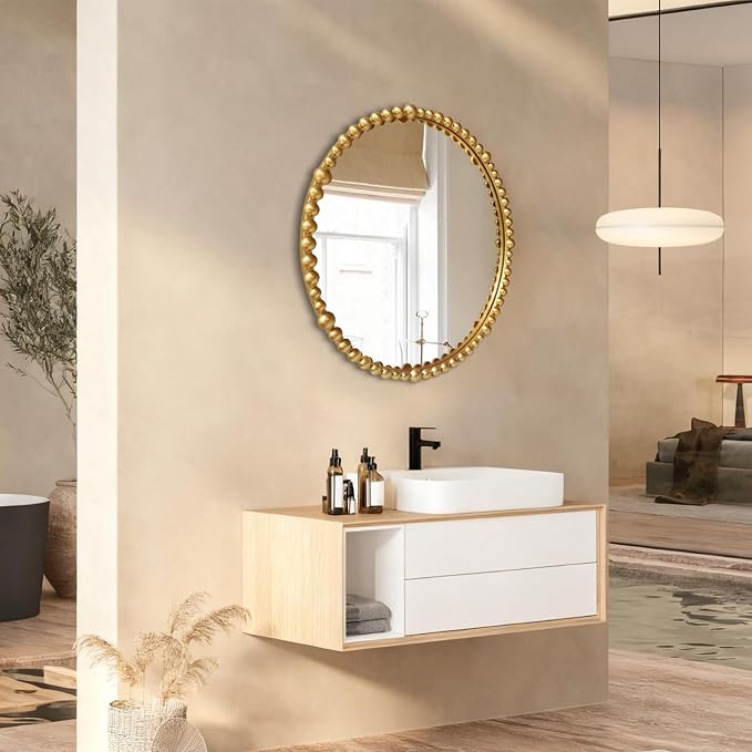 Gold Round Mirror with Beaded Frame ，Circle Antique Bathroom Vanity Mirror Decorative Wall Mirrors for Living Room,Bedroom, Entryway