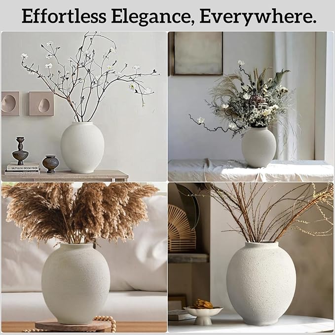 Large White Ceramic Vase, 9.8 inch Round Minimalist Textured Vase, Rustic Farmhouse Decor for Home, Living Room, Shelf, Table, Wedding & Entryway Decoration (Sandstone White)