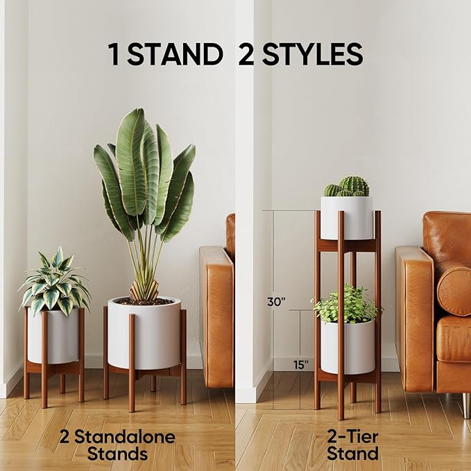 MUDEELA 2 Pack Indoor Plant Stands, 2 Tier Tall Plant Stand 30 inches, Mid Century Bamboo Plant Stand, Adjustable Width 8 - 12 inches, Fits Pot Size of 8 9 10 11 12 inches, Pot & Plant Not Included, Brown