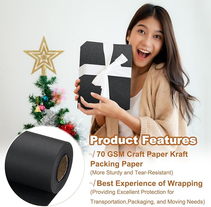 PATIKIL Wrapping Paper, 17" x 600"(49') 70 GSM Craft Paper Roll Kraft Packing Paper for Poster Bulletin Board, Gift Wrapping, Black