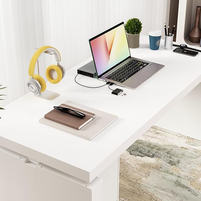 MOUMON 70.9” Electric Standing Desk with Drawer, Height Adjustable Executive Computer Desk with File Storage for Home Office, Sit Stand Desks, White, 70.9”W x 31.5”D x 29.5”-44.1”H