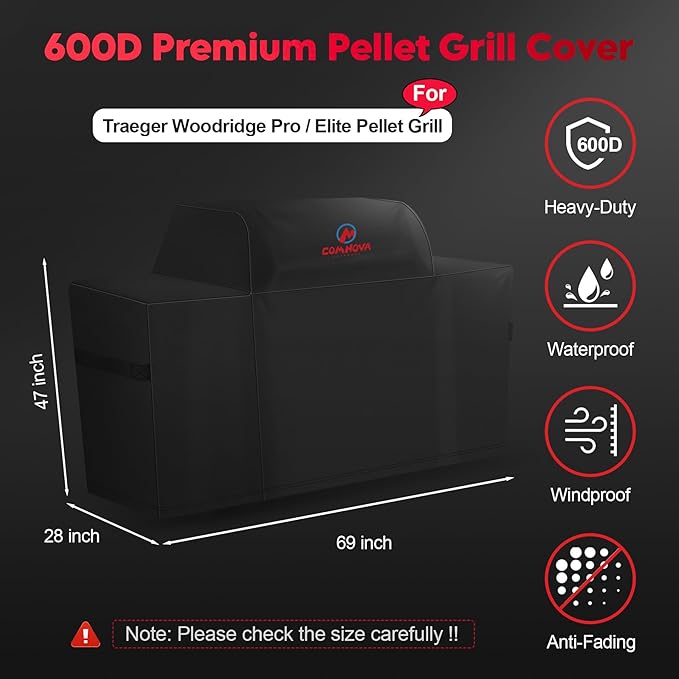 Comnova Grill Cover for Traeger Woodridge Pro - Premium Wood Pellet Smoker Cover for Traeger Waterproof & Heavy Duty, 600D Pellet BBQ Cover for Treager Woodridge Pro and Woodridge Elite (BAC776)