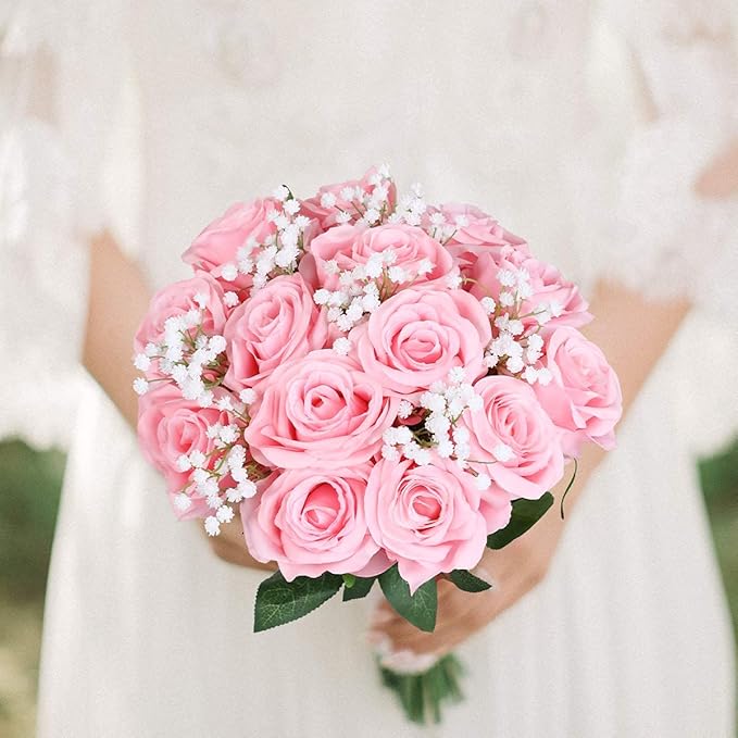 Kisflower 12 Pcs Pink Roses Artificial Flowers with Stems Silk Roses Fake Rose Realistic Flower Bouquet for Wedding Party Office Home Decor (Pink)