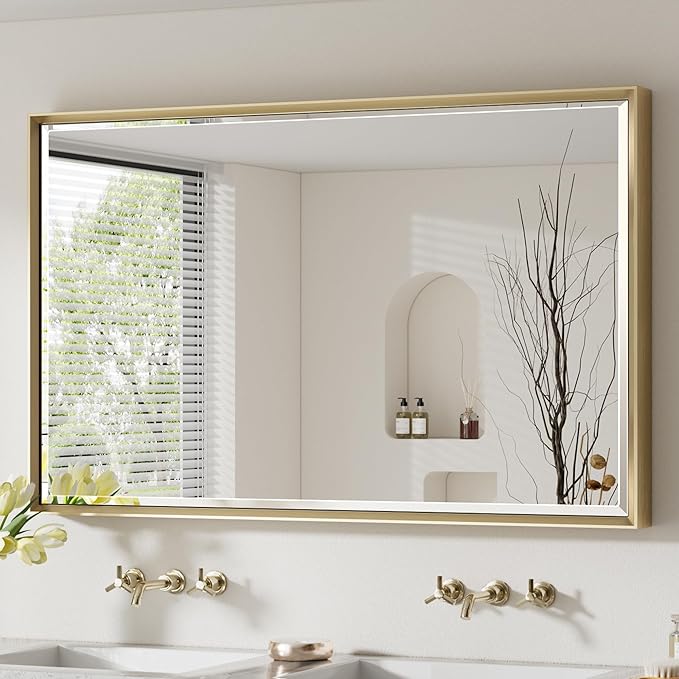 48 x 30 Gold Bathroom Mirror, Brushed Gold Beveled Bathroom Mirror, Shatterproof Large Gold Frame Rectangle Mirror, Brushed Brass Gold Framed Vanity Mirror Vertical/Horizontal Wall-Mounted