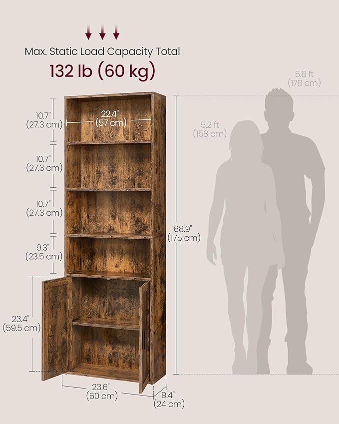 VASAGLE Custos Collection - Bookshelf, 6-Tier Tall Bookcase, Book Shelf with Doors, Open Storage Shelf, 9.4 x 23.6 x 68.9 Inches, for Living Room, Home Office, Dining Room, Rustic Brown ULBC402K01