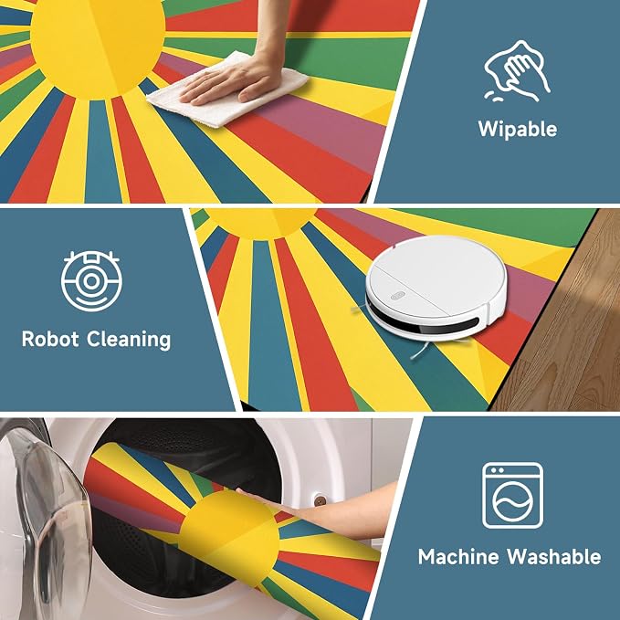 Rainbow Sunburst Area Rug Colorful Geometric Sun Carpet Soft Non-Slip Washable Floor Mat for Entryway Bedroom Living Room Nursery Playroom Classroom Home Decor,3'x5'
