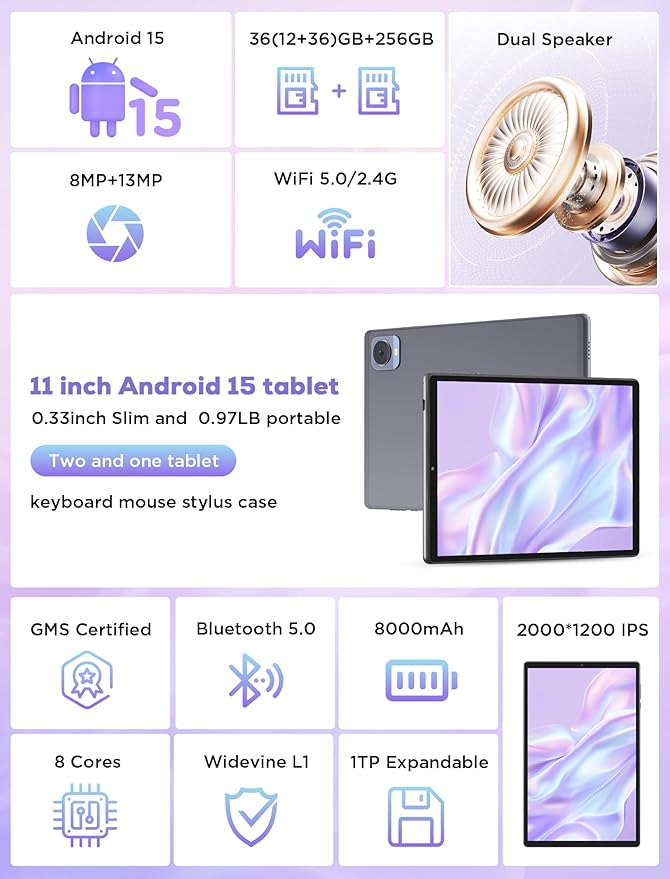 DEZLTID 2025 Tablet 10.4 inch Android 15 Tablets with Keyboard Stylus Mouse: 2K IPS Tablette (2000x1200), 36GB+256GB(1TB TF), 5G/2.4G Dual WiFi, 8-Core 1.6GHz, 8000mAh,8+13MP, Widevine L1- Gray