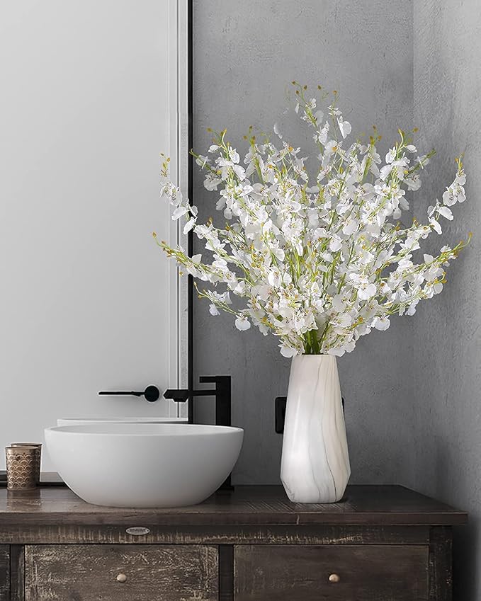 Kisflower 12Pcs White Artificial Orchids Flowers, Fake Dancing Orchids Bouquet Silk White Faux Bouquet for DIY Indoor Outdoor Wedding Party Home Kitchen Office Decoration
