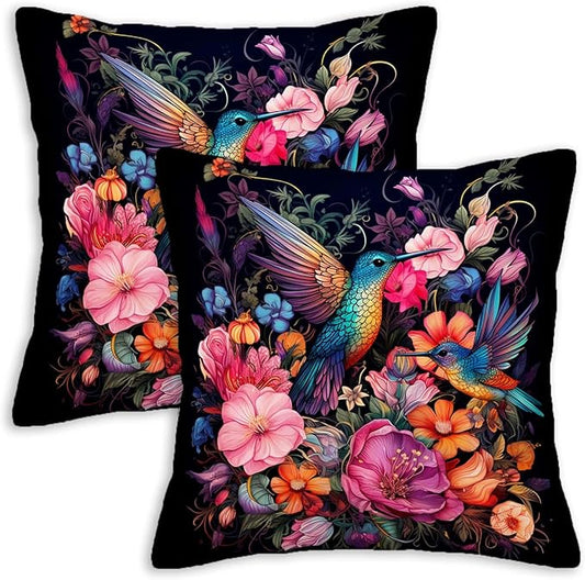 Hummingbird Throw Pillow Covers 18x18 Set of 2 | Reversible Decorative Cushion Cases for Living and Bed Room | Square Bird Pillowcases for Sofa, Couch and Outdoor