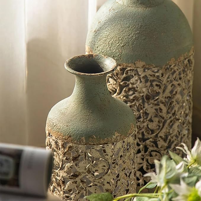20.3″ Tall Metal Floor Vase – French Country Green & White Geometric Iron Cylinder Decorative Vase for Living Room • Entryway • Hallway (Rustic Romantic Accent & Dried/Faux Flowers)
