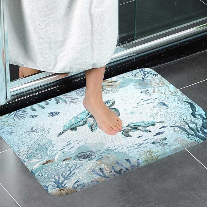 Sea Turtle Bath Rugs for Bathroom, Teal Blue Ocean Beach Coastal Funny Animal Nautical Starfish Fish Non Slip Flannel Bathroom Rug, Dry Fast Water Absorbent Bath Mats, 17x29 Inch