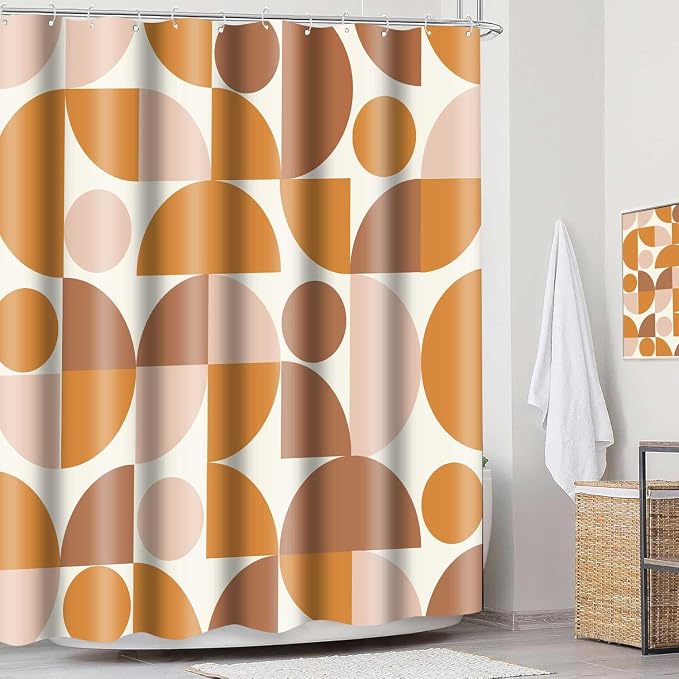 Vintage Orange and Beige Mid Century Modern Shower Curtain Boho Abstract Geometric Art Shower Curtains for Bathroom Decor 72x72 Inch Colorful Unique Pattern Washable Fabric Bathroom Set with 12 Hooks