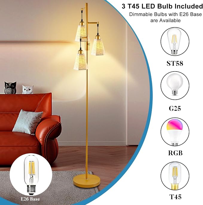 Lightdot 68IN Dimmable Floor Lamp for Living Room, Industrial 3-Light Tree Floor Lamps with LED E26 Bulbs Included, Mid Century Floor Lamp with Fabric Patterned Lampshades for Bedroom HOM Office-Gold