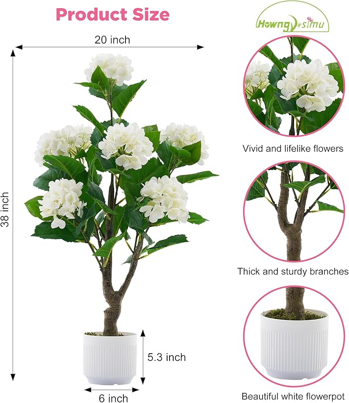 Artificial Hydrangea Tree 2 Pack, 3FT Faux Hydrangea Plant in Pot with White Flowers, Greenery Potted Plant for Indoor Outdoor Office Home Porch Decor, White