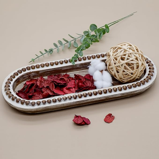 Wood Serving Tray, Wooden Bead Decorative Tray, White Washed Coffee Table Tray for Ottoman, Rustic Distressed Decor for Home, Kitchen, Farmhouse (Natural Wood)