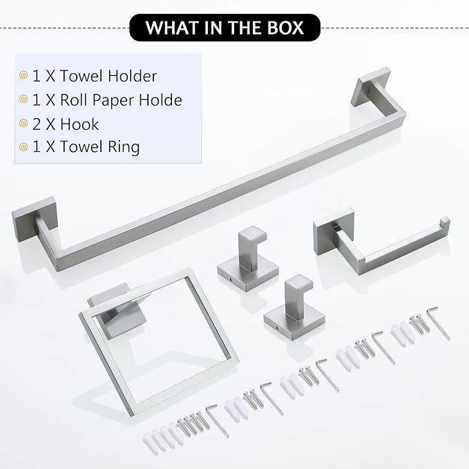 Bathroom Towel Bar Set 5 Pieces Brushed Nickel Square Modern Bathroom Hardware Set,Stainless Steel Wall Mounted 23.6-Inch