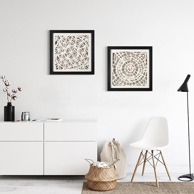 FOLKOR Black and White Abstract Wall Decor for Entryway Staircase Art Gallery, 12" Handmade Paper Artwork Eclectic Home Accent, Geometric Floating Shadow Box Wall Plaque Gift for Birthday Thanksgiving