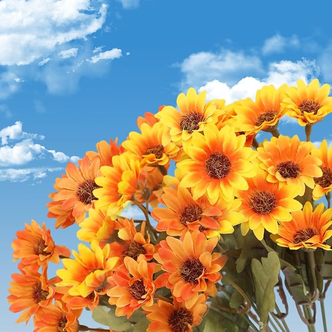 Artificial Mums 10 Bundles, Artificial Sunset Mums, Artificial Outdoor Sunset Mum-s Flowers - UV Resistant, Waterproof, Windproof, Reflecting Autumn Vibe (Gold - 10 Bundles)
