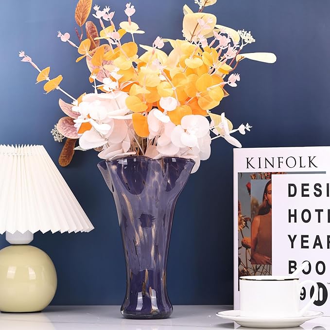 9.8" Tall Purple Hand Blown Glass Vases for Home Decor,Modern Wide Mouth Ruffle Flower Vase Table Centerpieces,Colored Coastal Sea Glass Art for Bookshelf,Bathroom,Counterto,Wedding
