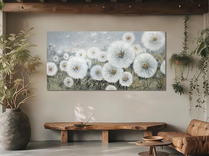 Ardemy Flower Wall Art Canvas Dandelion Painting White Floral Picture, Textured Extra Large Framed for Living Room Bedroom Kitchen Dining Room Home Office Decor 58"x29"