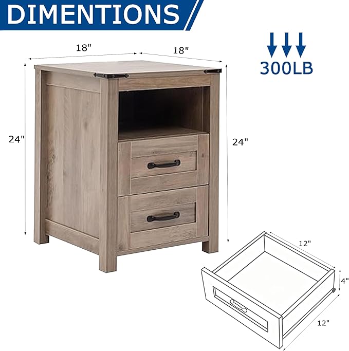 Farmhouse Night Stand, Rustic Sierra Nightstand for Bedroom, End Tables Without Charging Station, Bedside Table with Drawers, Wood Bedside Cabinet Dresser