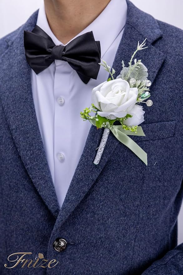 Fnize White Wrist Corsage and Boutonniere Set for Bride Groom Bridesmaids Groomsmen Wedding Homecoming Flowers Prom Suit Accessories, Rose Boutonniere and Corsage Wristlet Flower