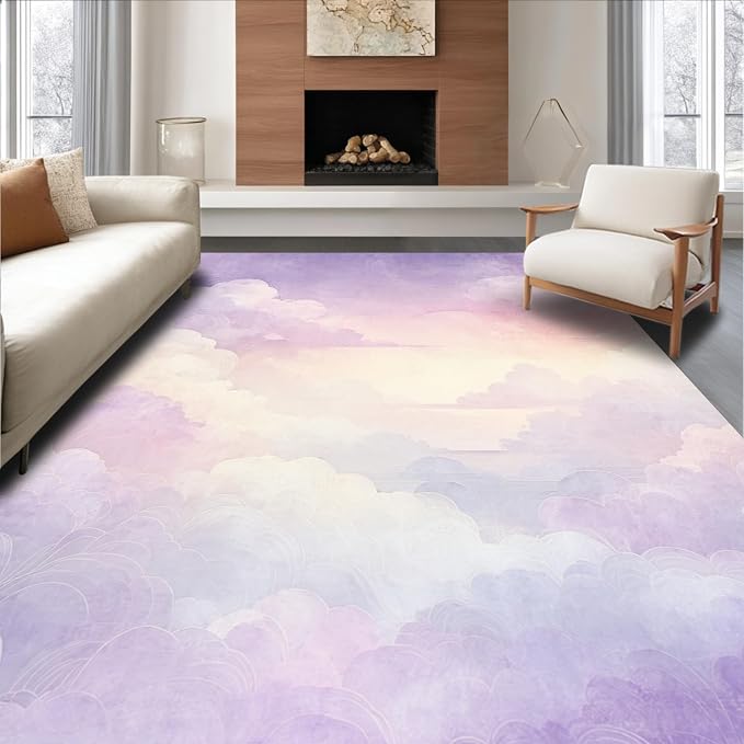 Flatwoven High Traffic Area Rug 6x9, Dreamlike Cloud with Hues and Subtle Gradients, Non Slip, Stain Resistant, Washable Area Rugs for Living Room, Bedroom (Purple, 6x9)