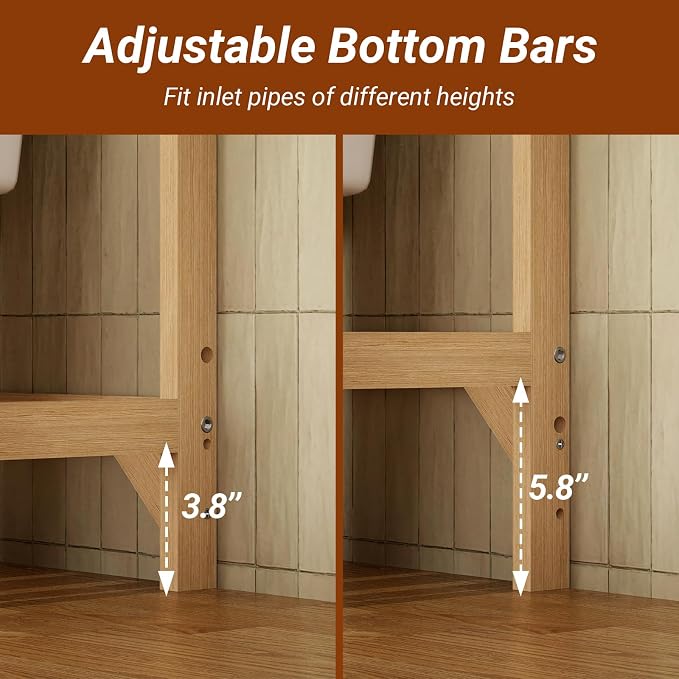 Over the Toilet Shelf, 3-Tier Over Toilet Storage Cabinet with Adjustable Shelves and 4 Hooks, Freestanding Wood Bathroom Organizer Space Saver for Small Bathrooms, Oak