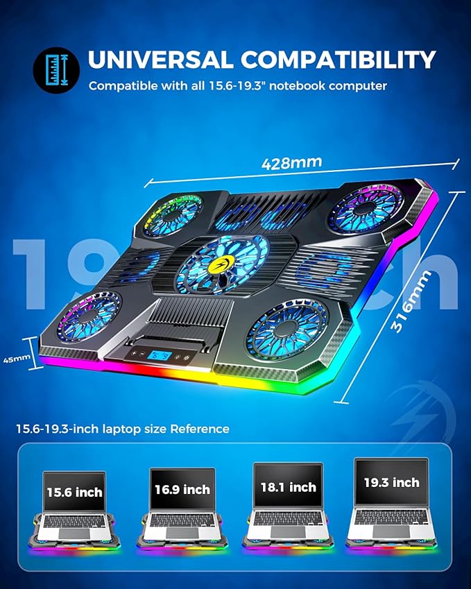 ChillCore Laptop Cooling Pad, RGB Lights Laptop Cooler 9 Fans for 15.6-19.3 Inch Laptops, Gaming Laptop Fan Cooling Pad with 8 Height Stands, 2 USB Ports - A21 Blue