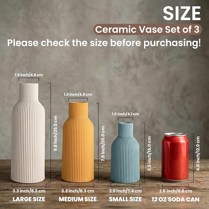 Colorful Ceramic Vases Set of 3, Colorful Ribbed Decorative Vases - Table Centerpieces for Wedding, Living Room, Office & Shelf Decor