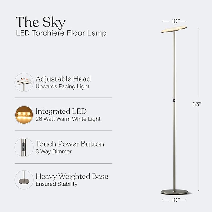 Brightech Sky LED Floor lamp, Torchiere Super Bright Floor Lamp for Living Room Decor & Office - Dimmable, Tall Standing Lamp with Warm Light for Bedroom & Reading - Brushed Nickel