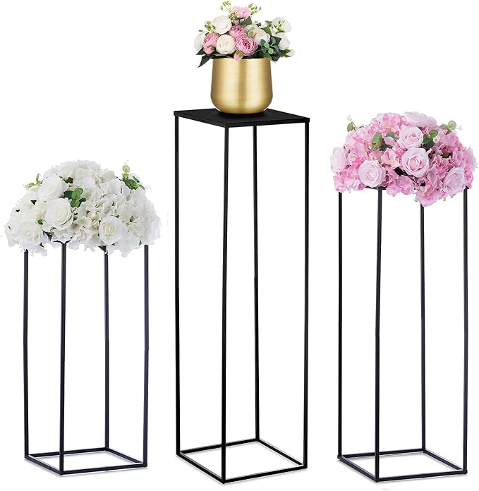 Nuptio Black Vase for Wedding Centrepieces: 3 Pcs Tall Plant Stand Flower Vases Large Metal Display Table Column Rack Geometric Centre Pieces for Home Birthday Party Decorations(23.6/31.5/39.4in)