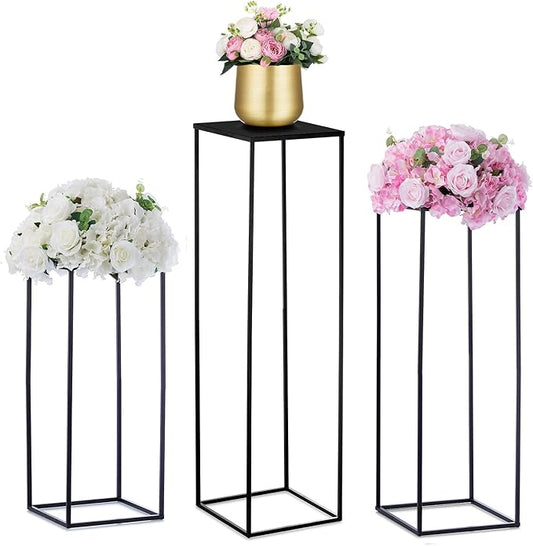 Nuptio Black Vase for Wedding Centrepieces: 3 Pcs Tall Plant Stand Flower Vases Large Metal Display Table Column Rack Geometric Centre Pieces for Home Birthday Party Decorations(23.6/31.5/39.4in)