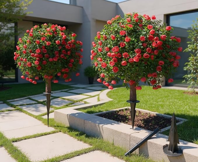 (2-Piece Set) Rose-Shaped Artificial Boxwood Topiary Trees – Designed for Artificial Landscape Shrubs, Shrub Bushes with Ground Spikes, Artificial Flowers