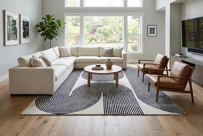 Modern Handmade Wool Area Rug, Abstract Curved Line Geometric Carpet for Living Room Bedroom, Contemporary Tufted Indoor Rug with Soft Pile and Cotton Backing (Ink, 8' x 10')