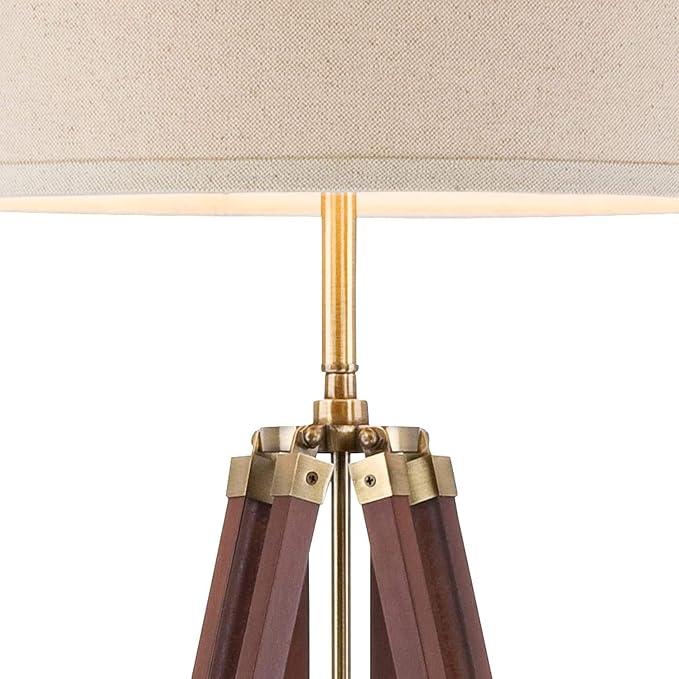 Surveyor Modern Tripod Floor Lamp Cherry Wood Beige Linen Drum Shade For Living Room Reading Bedroom Office Brown