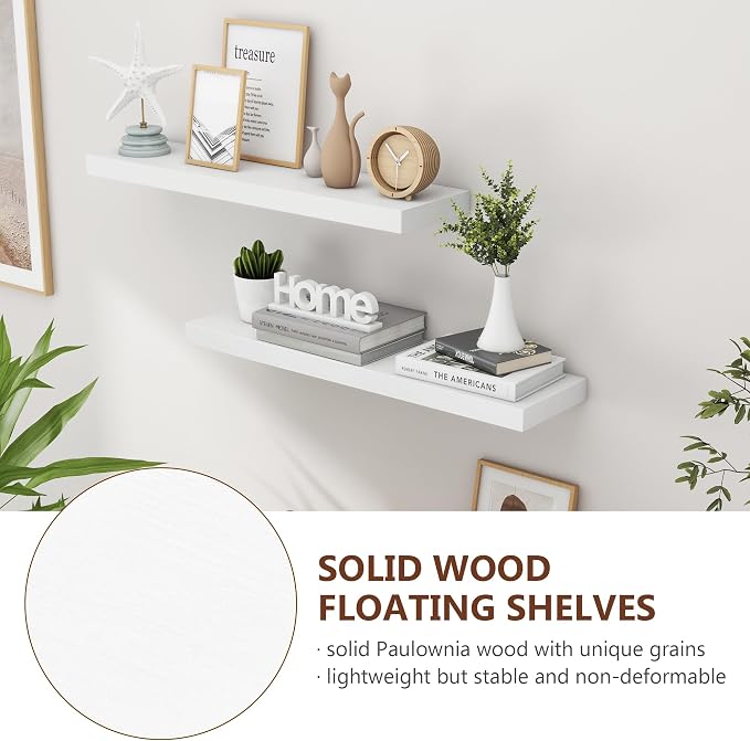 fuqing 30 Inch Floating Shelves for Wall, White Wood Floating Shelves Set of 2, 30'' Long Wooden Wall Shelves for Living Room Bedroom Bathroom Home Office - White